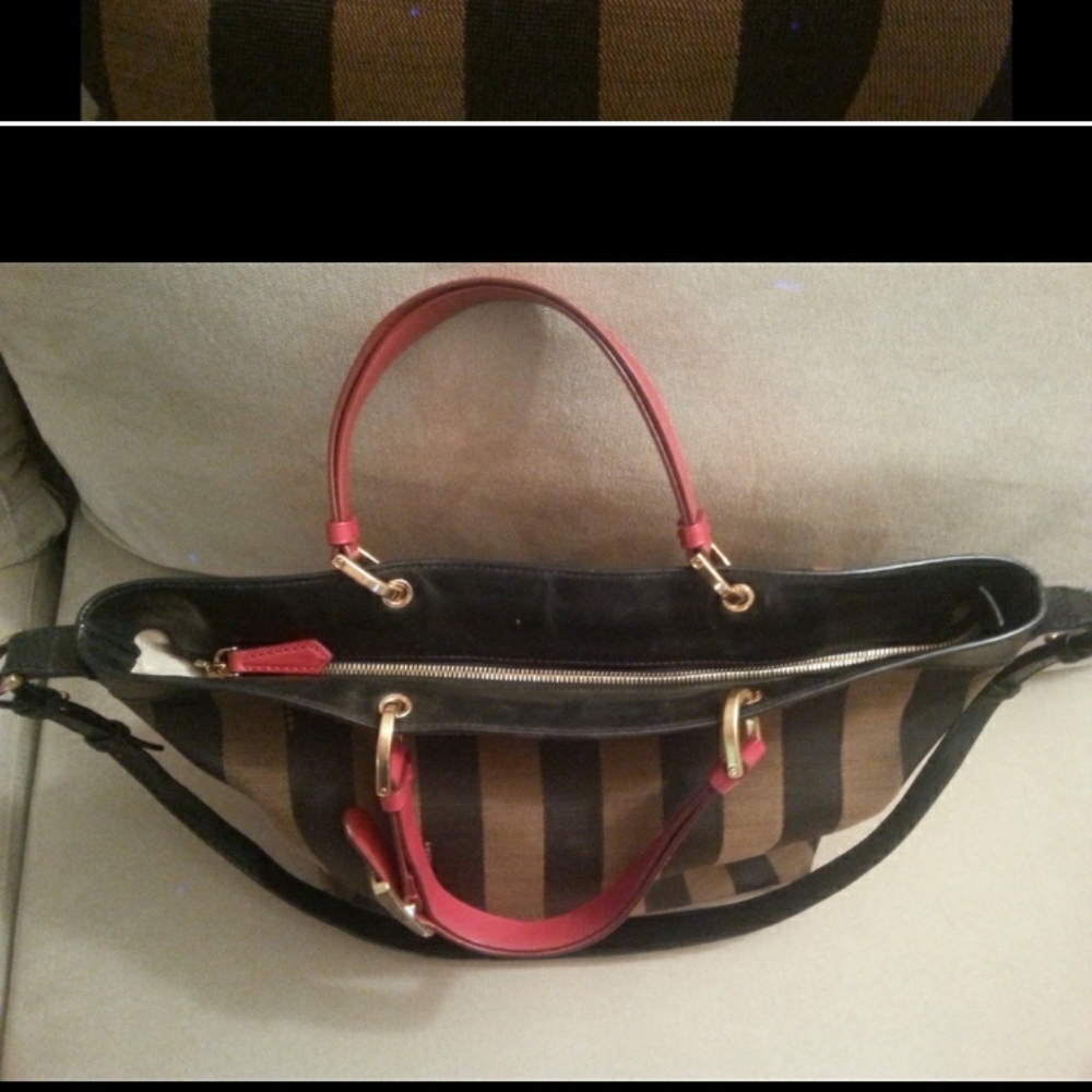 TRADE ONLY- Fendi Pequin Striped Tote Bag, Red - Picture 4 of 9